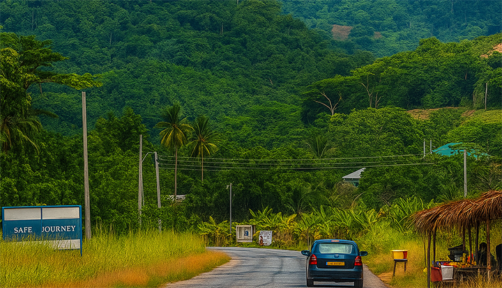 Tsito town entrance showing natural greenery and landscape